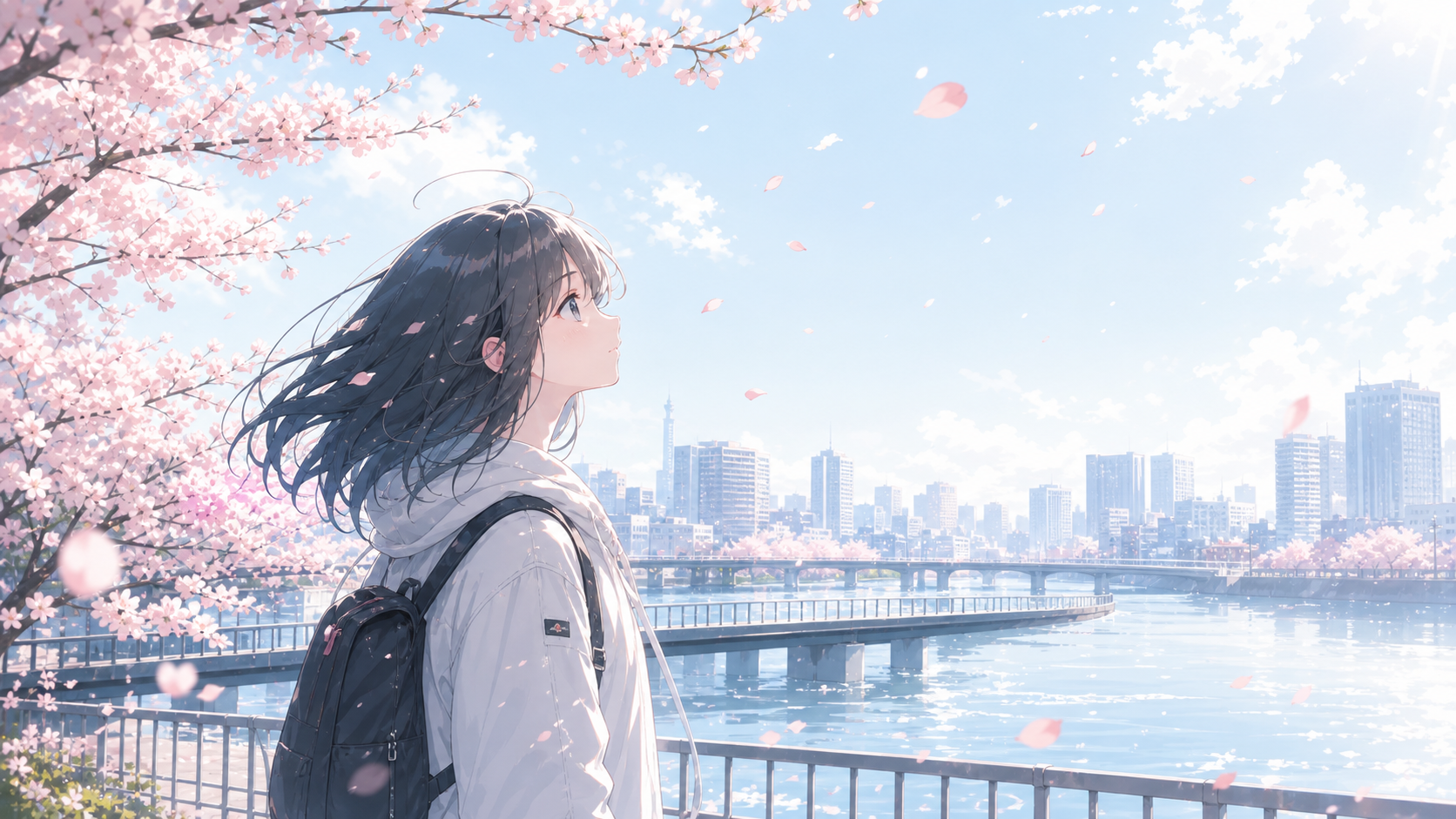 樱花与城市河岸的二次元风格插画
